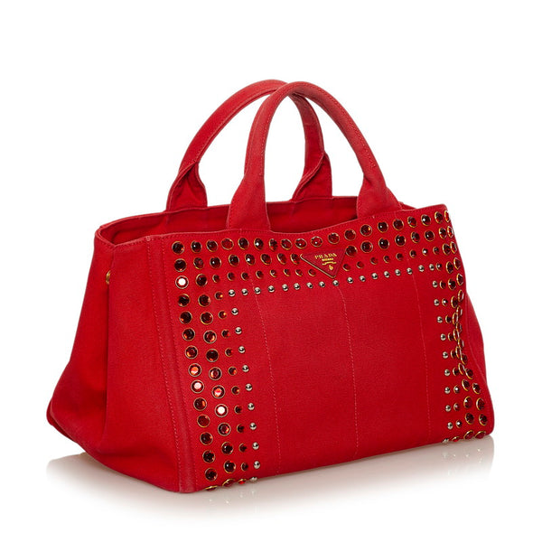 プラダ カナパ　 ビジュー レッド キャンバス ハンドバッグ ショルダーバッグ 2WAY レディース PRADA 【中古】