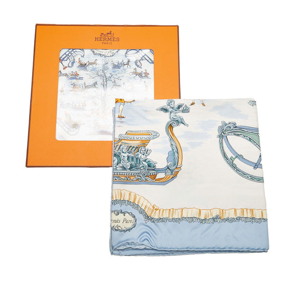 エルメス カレ90 Traineaux et glissades ソリとスケート スカーフ ブルー グレー マルチカラー シルク レディース HERMES 【中古】