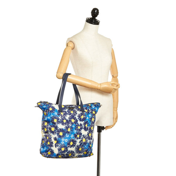 プラダ フラワー 花 トートバッグ ブルー イエロー ナイロン レザー レディース PRADA 【中古】