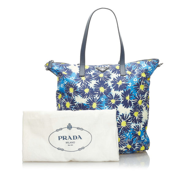 プラダ フラワー 花 トートバッグ ブルー イエロー ナイロン レザー レディース PRADA 【中古】