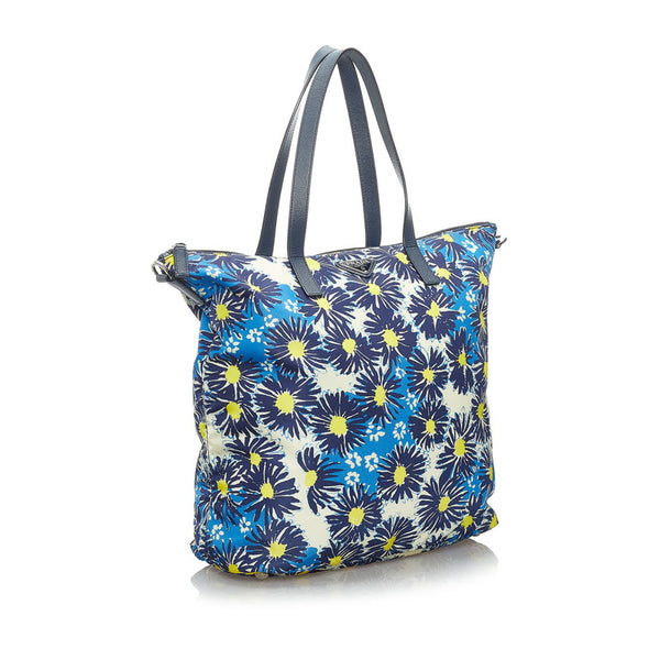 プラダ フラワー 花 トートバッグ ブルー イエロー ナイロン レザー レディース PRADA 【中古】