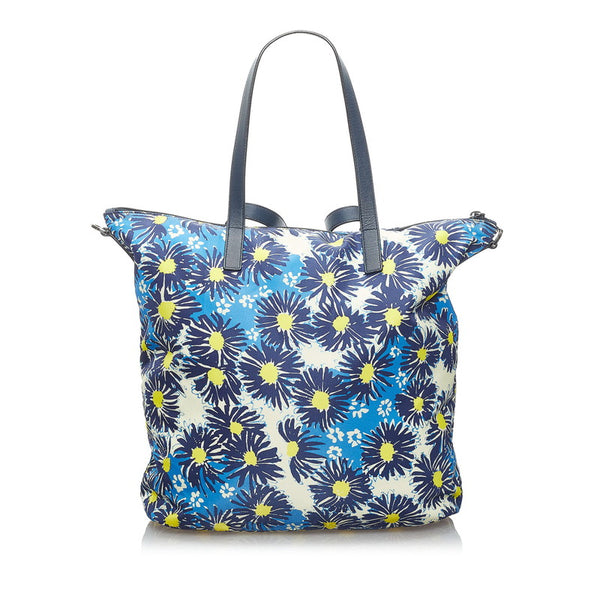 プラダ フラワー 花 トートバッグ ブルー イエロー ナイロン レザー レディース PRADA 【中古】