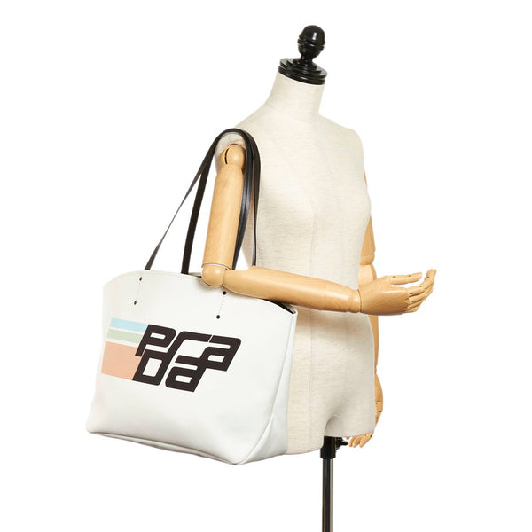 プラダ カナパ  レーシングロゴ トートバッグ 1BG220 ホワイト キャンバス レザー メンズ PRADA 【中古】