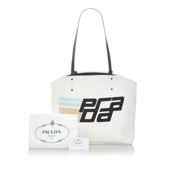プラダ カナパ  レーシングロゴ トートバッグ 1BG220 ホワイト キャンバス レザー メンズ PRADA 【中古】