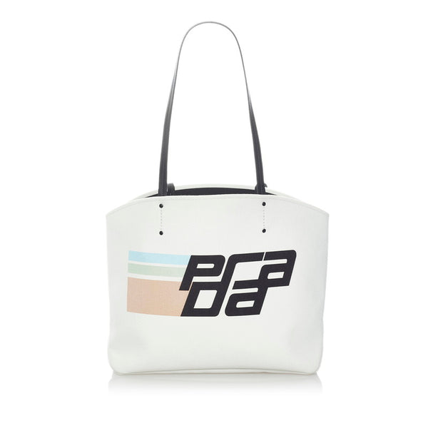 プラダ カナパ  レーシングロゴ トートバッグ 1BG220 ホワイト キャンバス レザー メンズ PRADA 【中古】