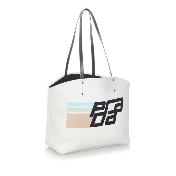 プラダ カナパ  レーシングロゴ トートバッグ 1BG220 ホワイト キャンバス レザー メンズ PRADA 【中古】