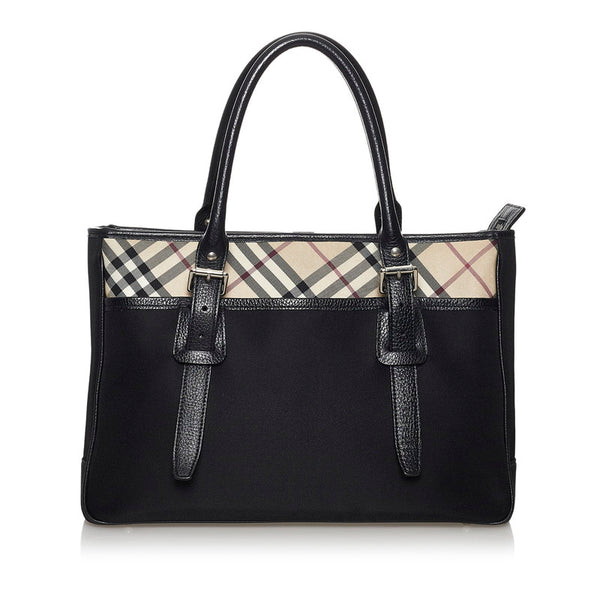 バーバリー ノバチェック ハンドバッグ ブラック キャンバス レザー レディース BURBERRY 【中古】