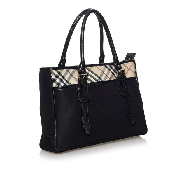 バーバリー ノバチェック ハンドバッグ ブラック キャンバス レザー レディース BURBERRY 【中古】