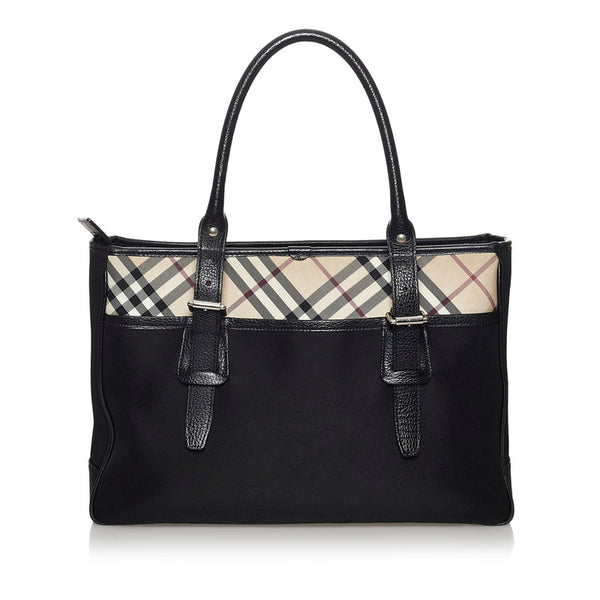 バーバリー ノバチェック ハンドバッグ ブラック キャンバス レザー レディース BURBERRY 【中古】