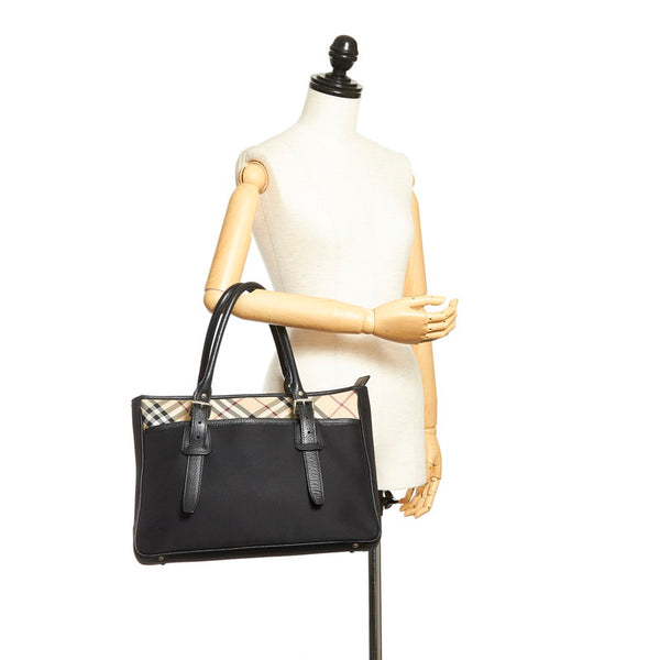 バーバリー ノバチェック ハンドバッグ ブラック キャンバス レザー レディース BURBERRY 【中古】