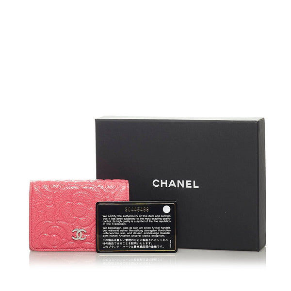 シャネル カメリア キャビアスキン ピンク レザー 三つ折り財布 レディース CHANEL 【中古】