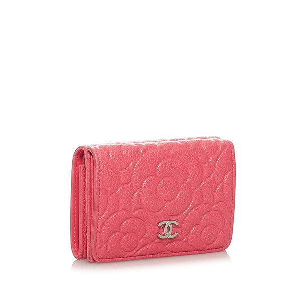 シャネル カメリア キャビアスキン ピンク レザー 三つ折り財布 レディース CHANEL 【中古】