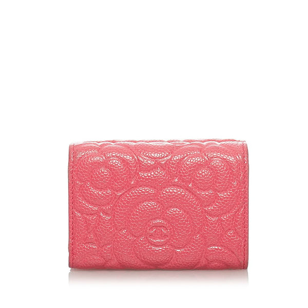 シャネル カメリア キャビアスキン ピンク レザー 三つ折り財布 レディース CHANEL 【中古】