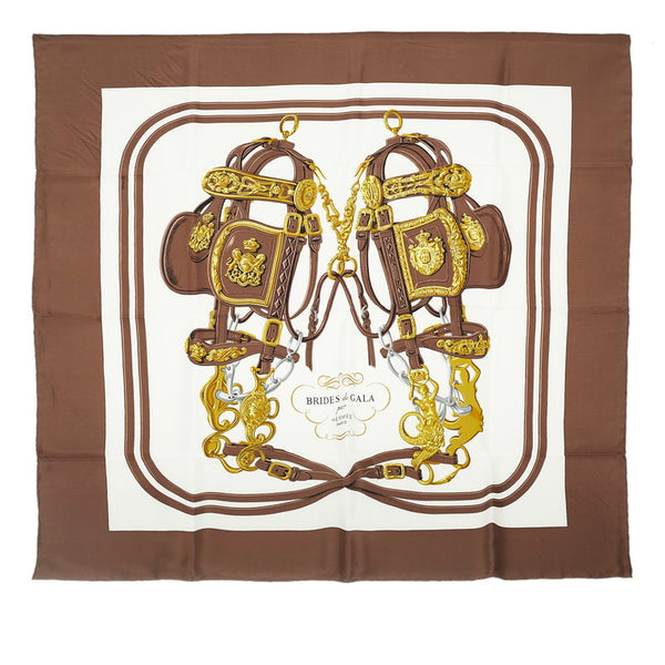 エルメス カレ90 BRIDES de GALA 式典用馬勒 スカーフ ブラウン ホワイト シルク レディース HERMES 【中古】