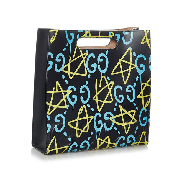 グッチ ゴーストプリントスター トートバッグ ショルダーバッグ 2WAY 414476  ブラック イエロー ブルー レザー レディース GUCCI 【中古】