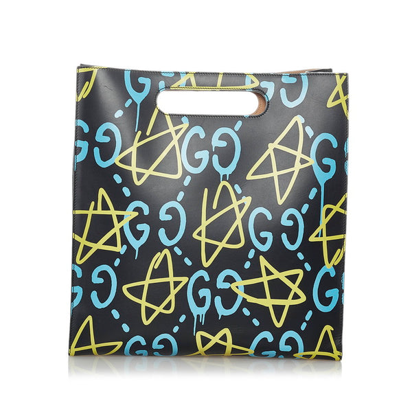 グッチ ゴーストプリントスター トートバッグ ショルダーバッグ 2WAY 414476  ブラック イエロー ブルー レザー レディース GUCCI 【中古】