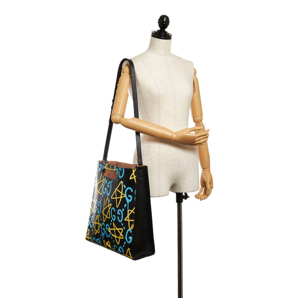 グッチ ゴーストプリントスター トートバッグ ショルダーバッグ 2WAY 414476  ブラック イエロー ブルー レザー レディース GUCCI 【中古】