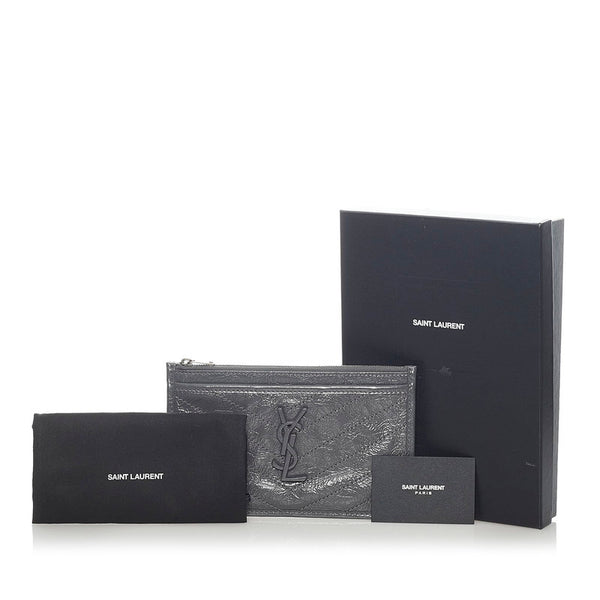 サンローラン ロゴ Vステッチ ポーチ グレー レザー レディース SAINT LAURENT 【中古】