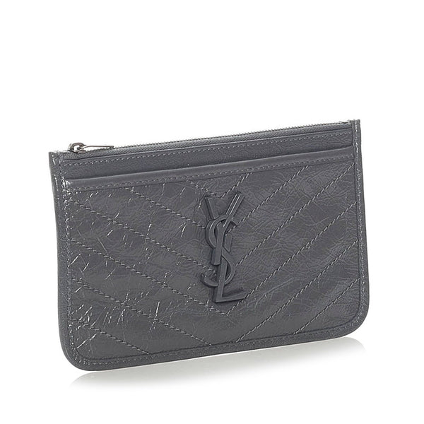 サンローラン ロゴ Vステッチ ポーチ グレー レザー レディース SAINT LAURENT 【中古】