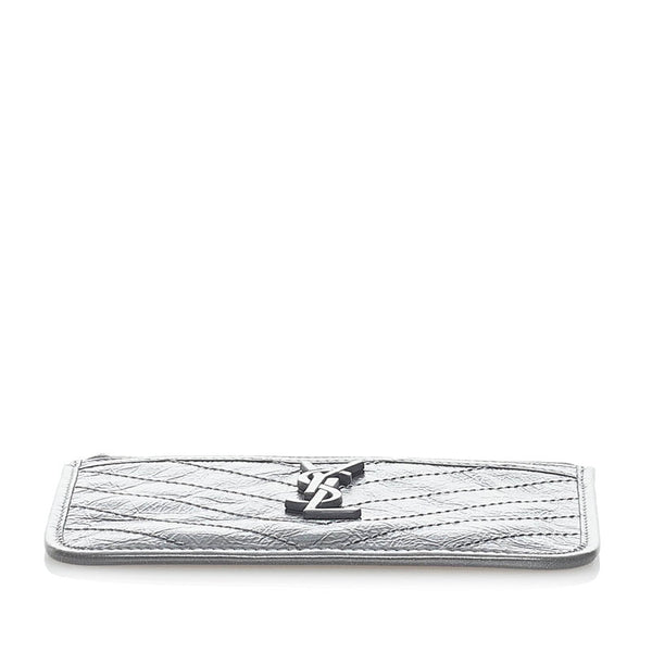 サンローラン ロゴ Vステッチ ポーチ グレー レザー レディース SAINT LAURENT 【中古】