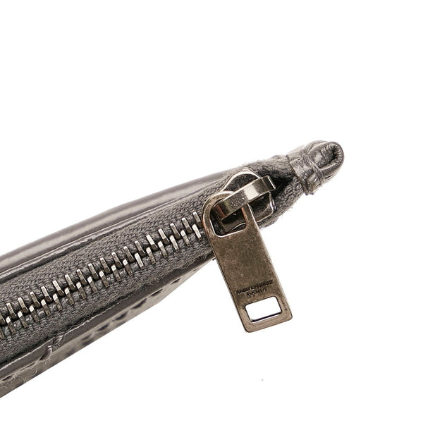 サンローラン ロゴ Vステッチ ポーチ グレー レザー レディース SAINT LAURENT 【中古】