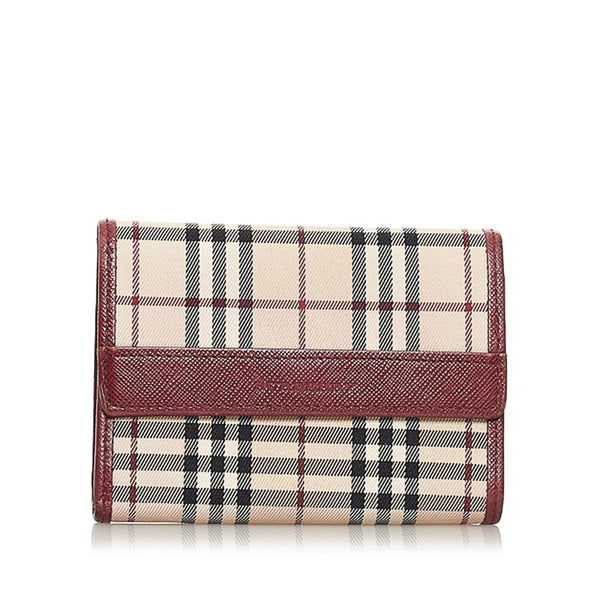 バーバリー ノバチェック ベージュ ボルドー キャンバス レザー 三つ折り財布 レディース BURBERRY 【中古】