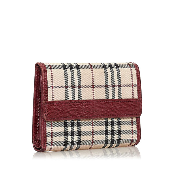 バーバリー ノバチェック ベージュ ボルドー キャンバス レザー 三つ折り財布 レディース BURBERRY 【中古】