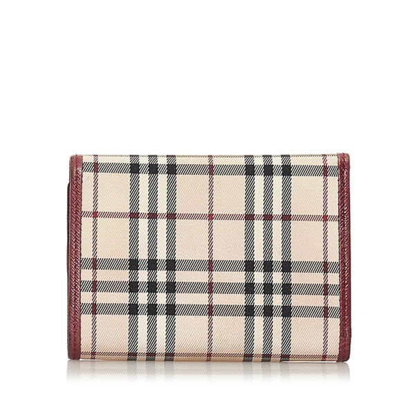 バーバリー ノバチェック ベージュ ボルドー キャンバス レザー 三つ折り財布 レディース BURBERRY 【中古】