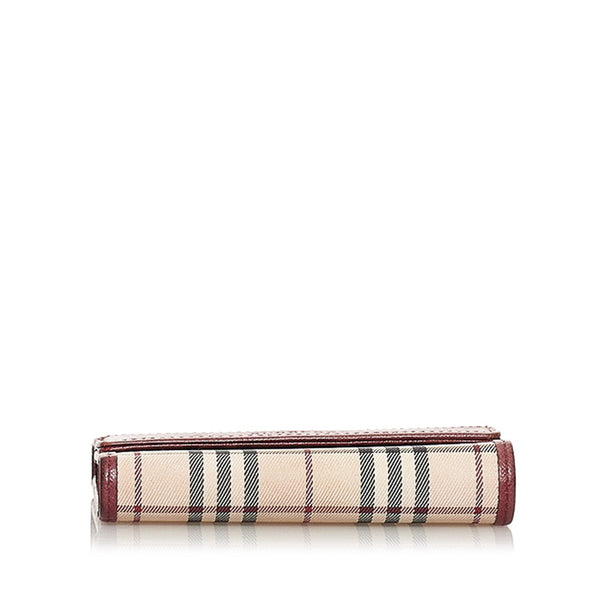 バーバリー ノバチェック ベージュ ボルドー キャンバス レザー 三つ折り財布 レディース BURBERRY 【中古】