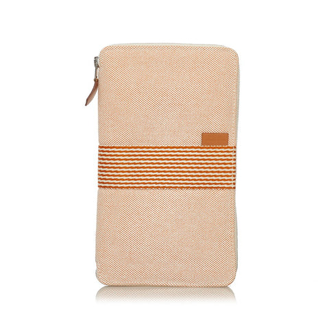 エルメス ニューフールトゥ パース GM ラウンドファスナー 長財布 マルチケース オレンジ ホワイト キャンバス レディース HERMES 【中古】