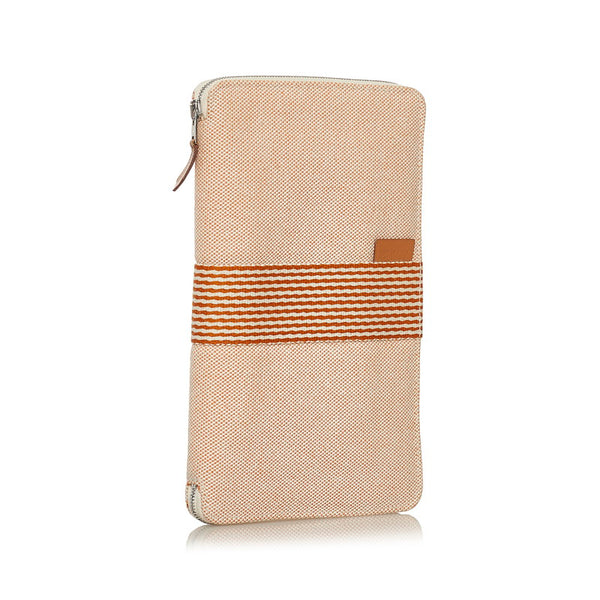 エルメス ニューフールトゥ パース GM ラウンドファスナー 長財布 マルチケース オレンジ ホワイト キャンバス レディース HERMES 【中古】