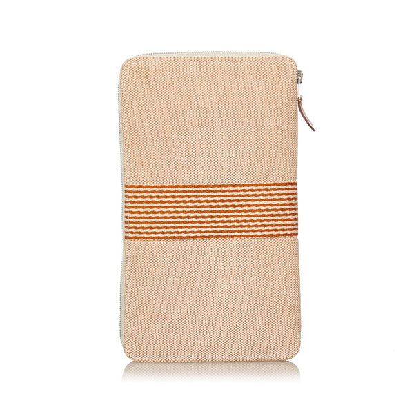 エルメス ニューフールトゥ パース GM ラウンドファスナー 長財布 マルチケース オレンジ ホワイト キャンバス レディース HERMES 【中古】