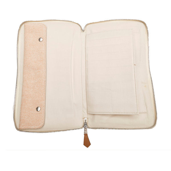 エルメス ニューフールトゥ パース GM ラウンドファスナー 長財布 マルチケース オレンジ ホワイト キャンバス レディース HERMES 【中古】