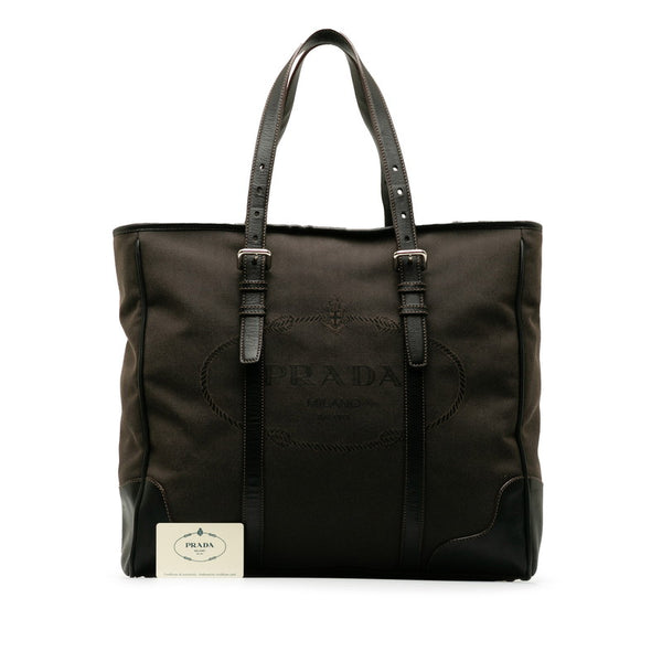 プラダ ロゴジャガード ハンドバッグ トートバッグ VA0641 ブラウン キャンバス レザー レディース PRADA 【中古】