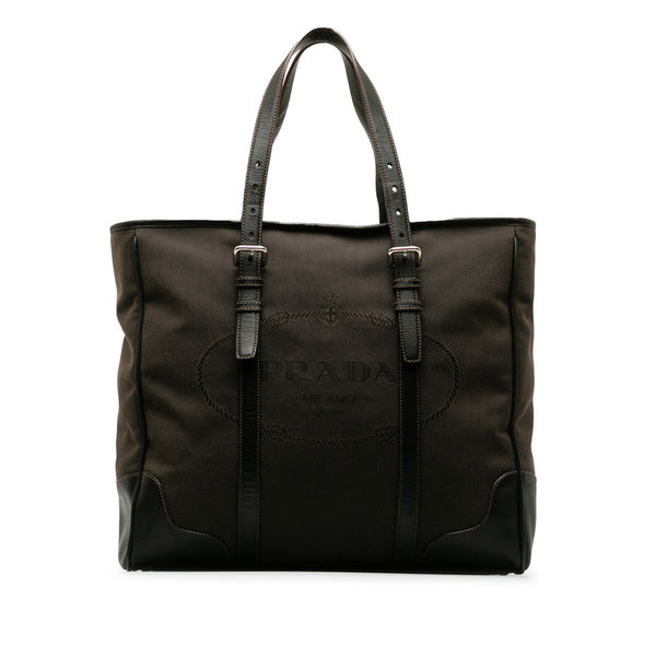 プラダ ロゴジャガード ハンドバッグ トートバッグ VA0641 ブラウン キャンバス レザー レディース PRADA 【中古】