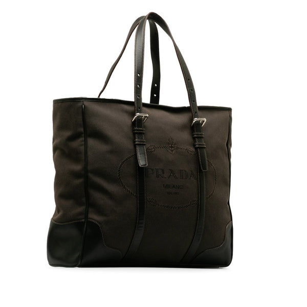 プラダ ロゴジャガード ハンドバッグ トートバッグ VA0641 ブラウン キャンバス レザー レディース PRADA 【中古】