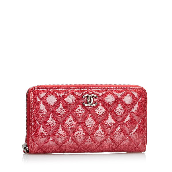 シャネル マトラッセ ココマーク ラウンドファスナー 長財布 ダークピンク パテントレザー レディース CHANEL 【中古】