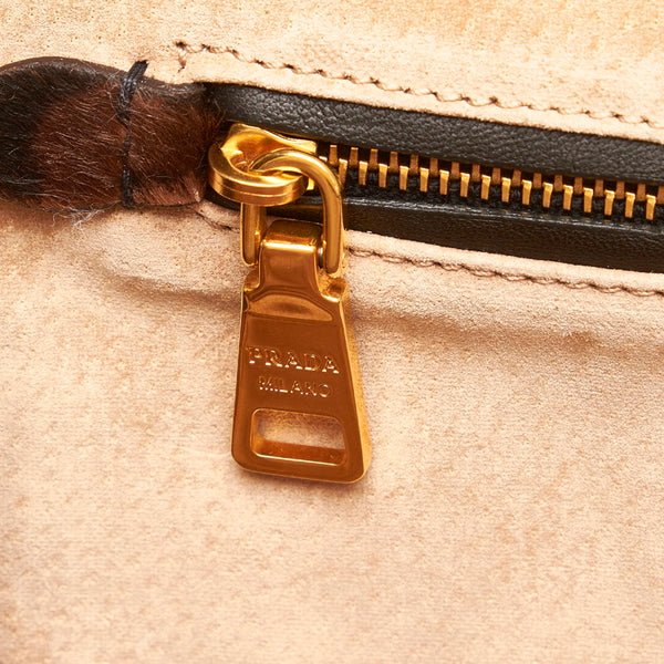 プラダ レオパード 斜め掛け  ショルダーバッグ 2WAY ブラウン ブラック ゴールド ハラコ レザー レディース PRADA 【中古】