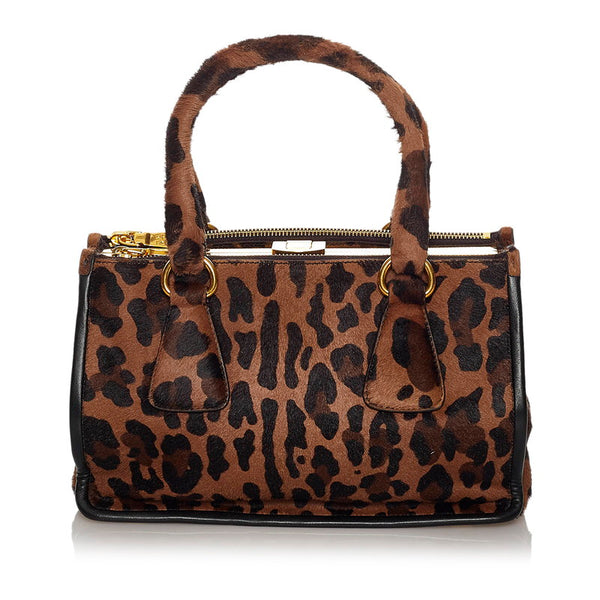 プラダ レオパード 斜め掛け  ショルダーバッグ 2WAY ブラウン ブラック ゴールド ハラコ レザー レディース PRADA 【中古】