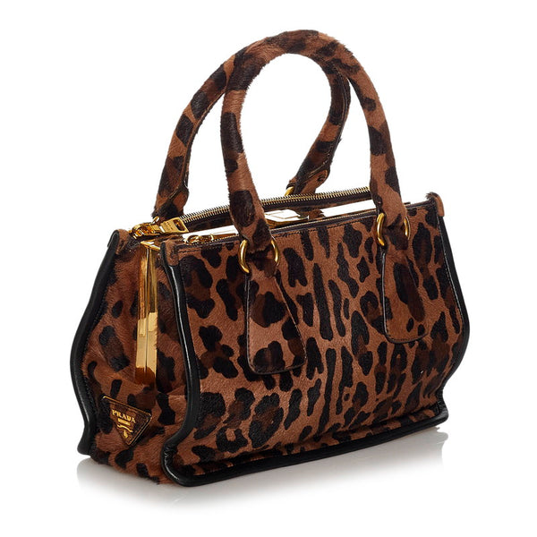プラダ レオパード 斜め掛け  ショルダーバッグ 2WAY ブラウン ブラック ゴールド ハラコ レザー レディース PRADA 【中古】