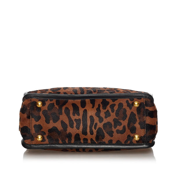 プラダ レオパード 斜め掛け  ショルダーバッグ 2WAY ブラウン ブラック ゴールド ハラコ レザー レディース PRADA 【中古】