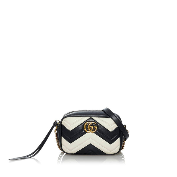 グッチ GGマーモント ハート 斜め掛け チェーン ショルダーバッグ 448065 ブラック ホワイト レザー レディース GUCCI 【中古】