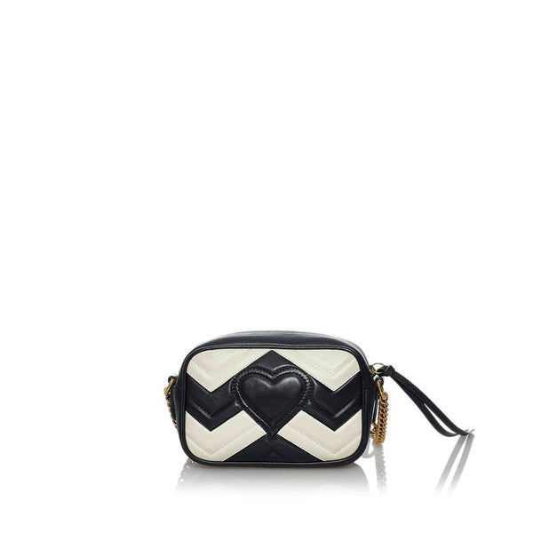 グッチ GGマーモント ハート 斜め掛け チェーン ショルダーバッグ 448065 ブラック ホワイト レザー レディース GUCCI 【中古】