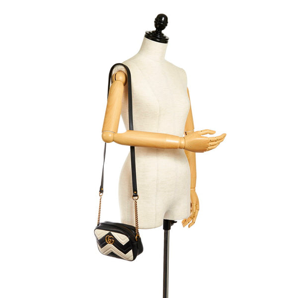 グッチ GGマーモント ハート 斜め掛け チェーン ショルダーバッグ 448065 ブラック ホワイト レザー レディース GUCCI 【中古】