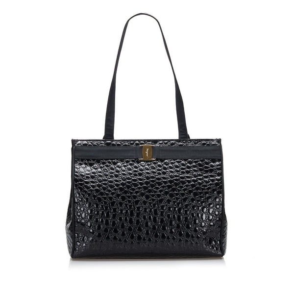 サルヴァトーレフェラガモ ヴァラ 型押し トートバッグ AO 21 2530 ブラック レザー レディース Salvatore Ferragamo 【中古】