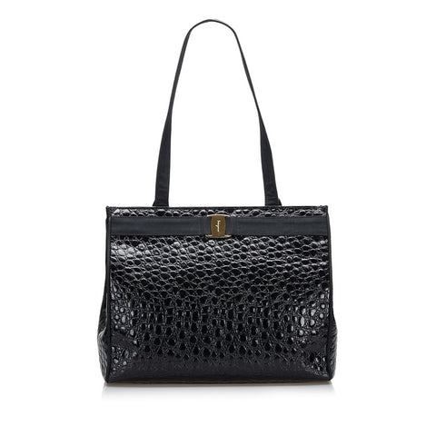 サルヴァトーレフェラガモ ヴァラ 型押し トートバッグ AO 21 2530 ブラック レザー レディース Salvatore Ferragamo 【中古】