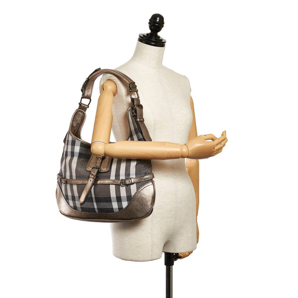バーバリー チェック ワンショルダー ブラック メタリックブラウン キャンバス レザー レディース BURBERRY 【中古】