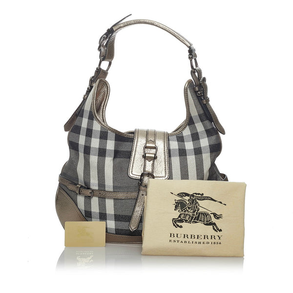 バーバリー チェック ワンショルダー ブラック メタリックブラウン キャンバス レザー レディース BURBERRY 【中古】