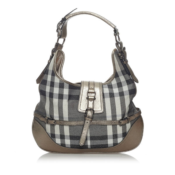 バーバリー チェック ワンショルダー ブラック メタリックブラウン キャンバス レザー レディース BURBERRY 【中古】