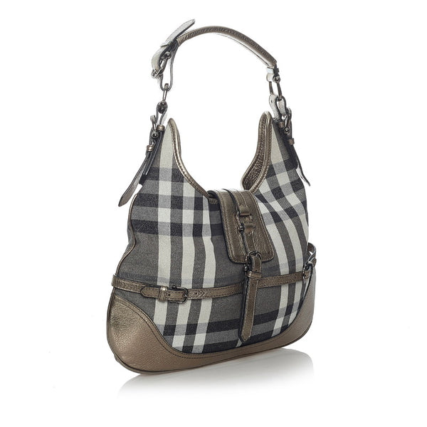 バーバリー チェック ワンショルダー ブラック メタリックブラウン キャンバス レザー レディース BURBERRY 【中古】